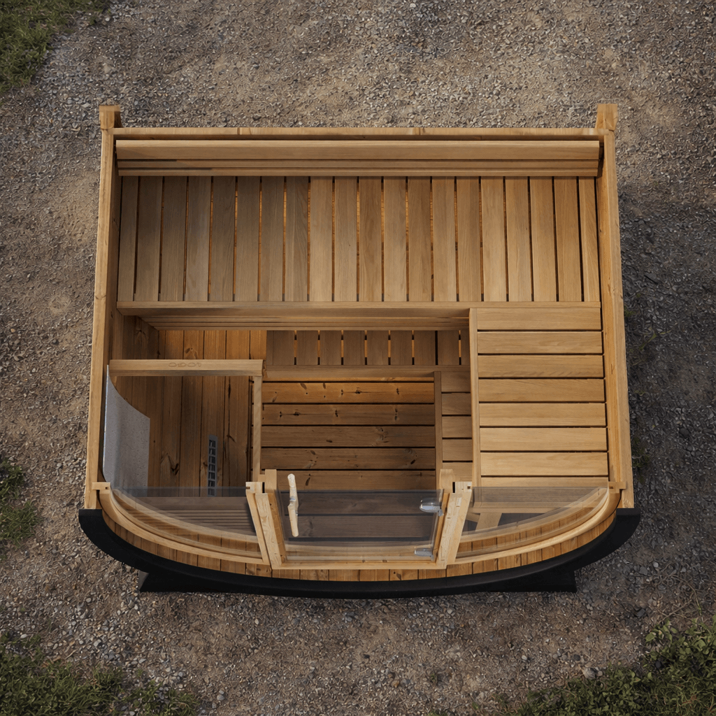 Vue en coupe du sauna OWAL : intérieur en bois et banquettes
