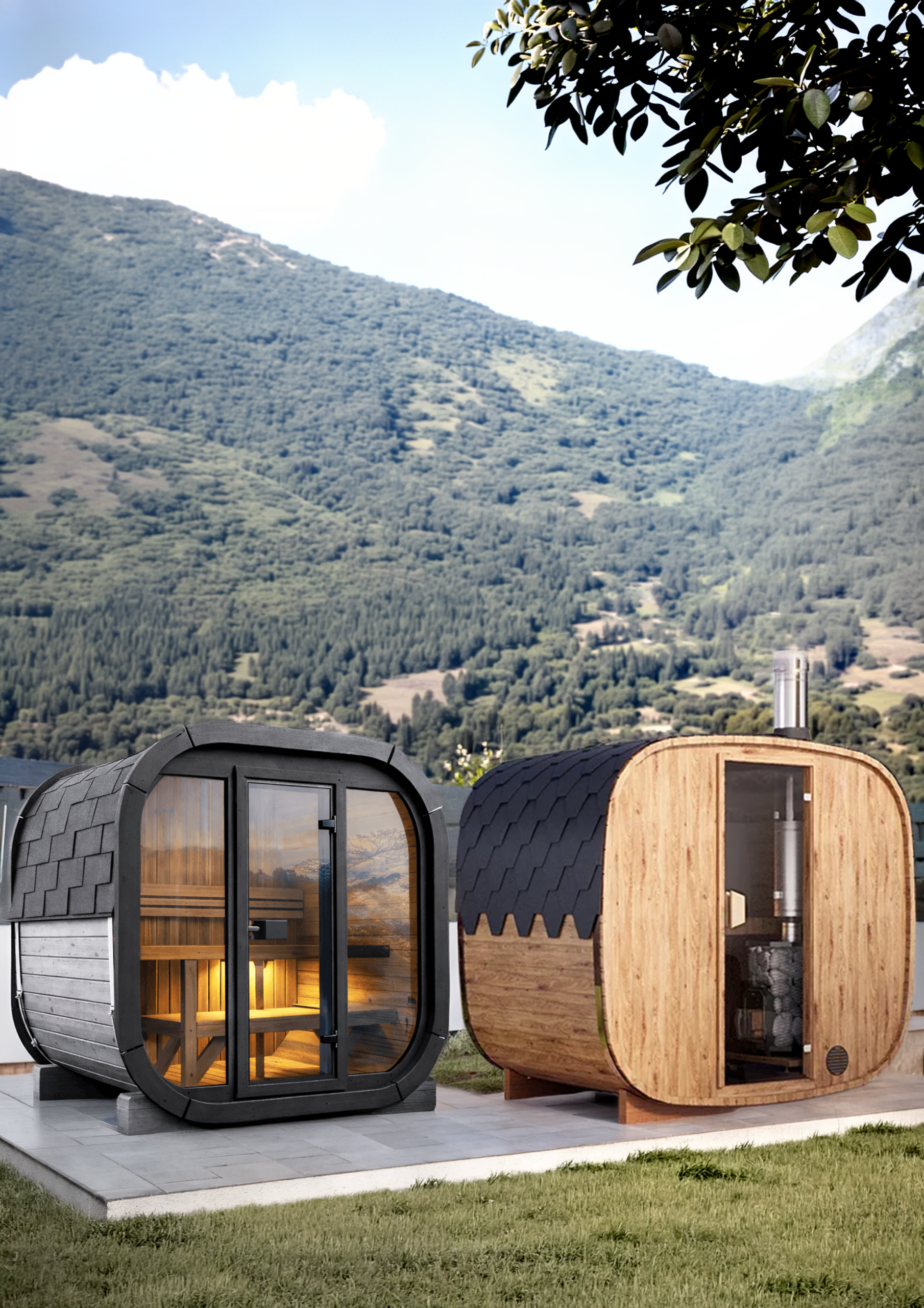 A gauche le sauna MiniWop, à droite le sauna Woody