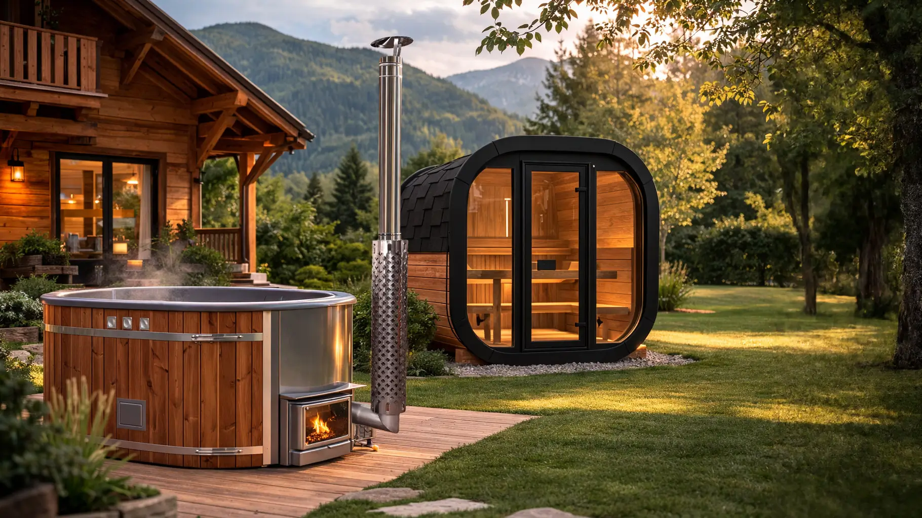 Bain nordique et sauna WEWOP dans un jardin au coucher du soleil